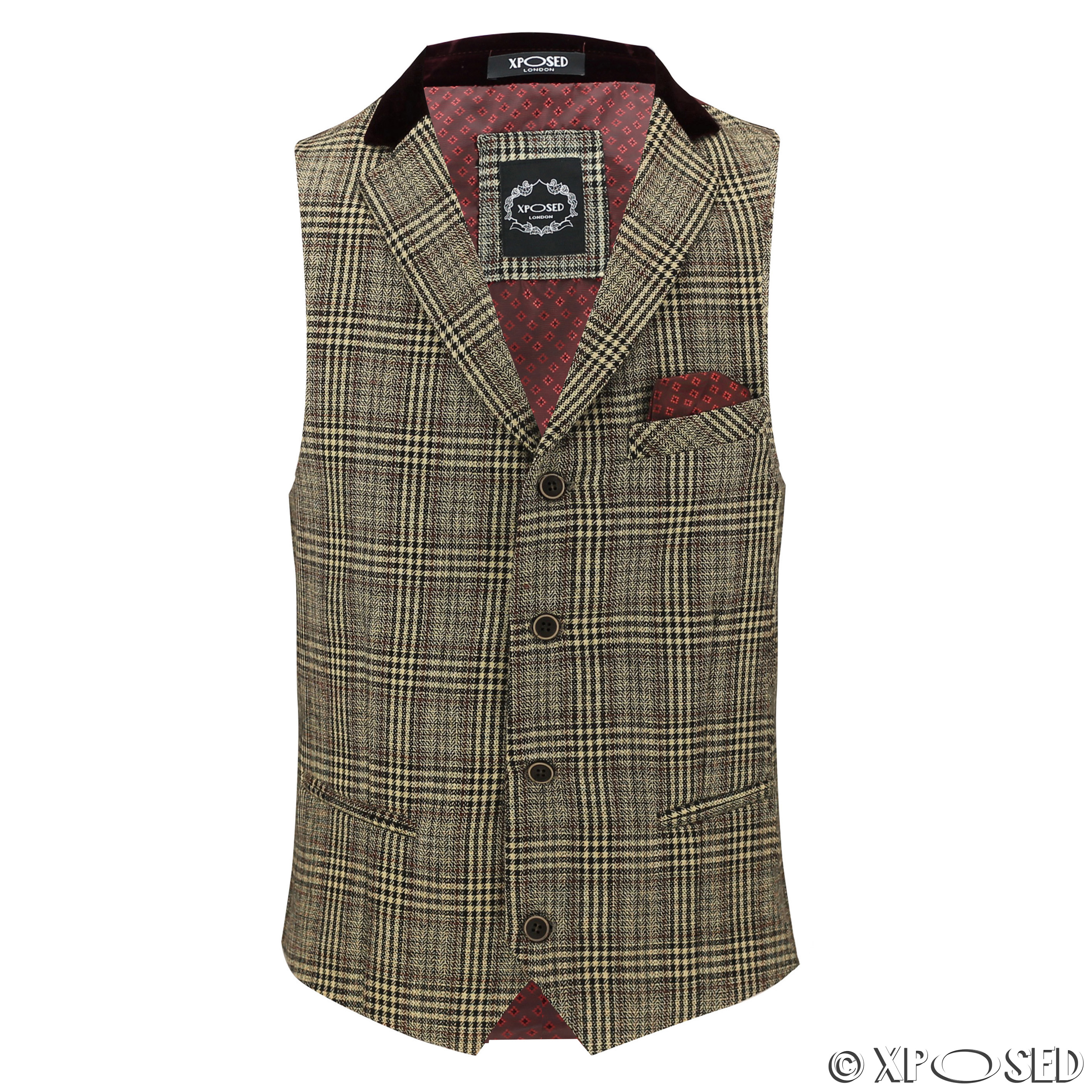 Mens Brown Tweed Check Slim Vintage Waistcoat Red Velvet Collar Trim